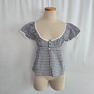 Romeo Romeo Baby Doll Blouse Women's S Blue White Plaid Short Sleeve NWT